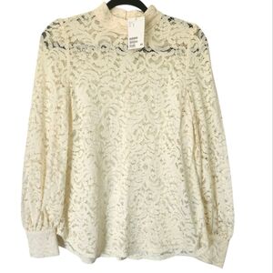 H&M Ivory Lace Blouse‎ with High Mock Neck & Long Blouson Sleeves Size Small NWT